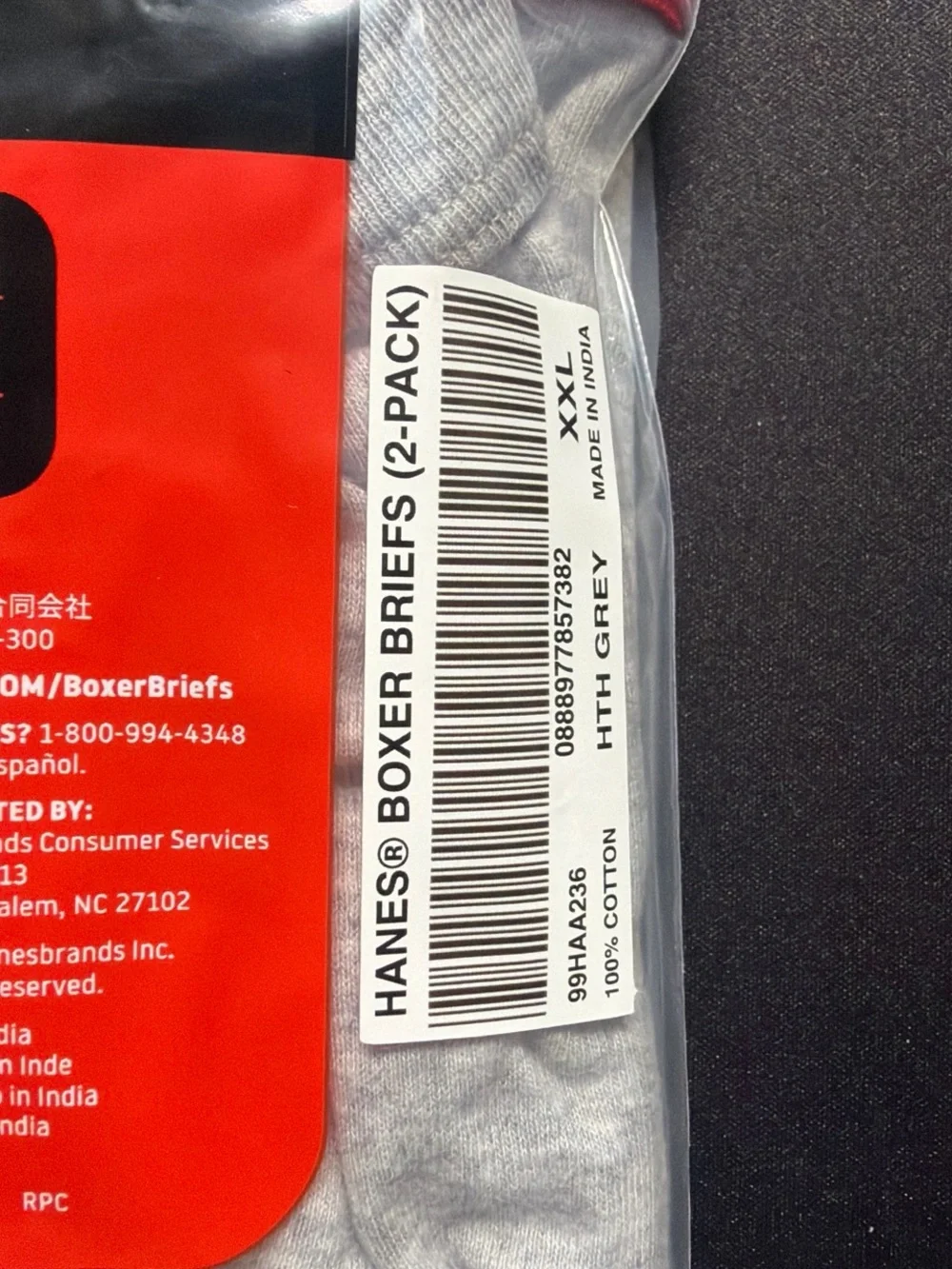 Hanes Gray Boxer Briefs with Red Waistband - 2 Pack